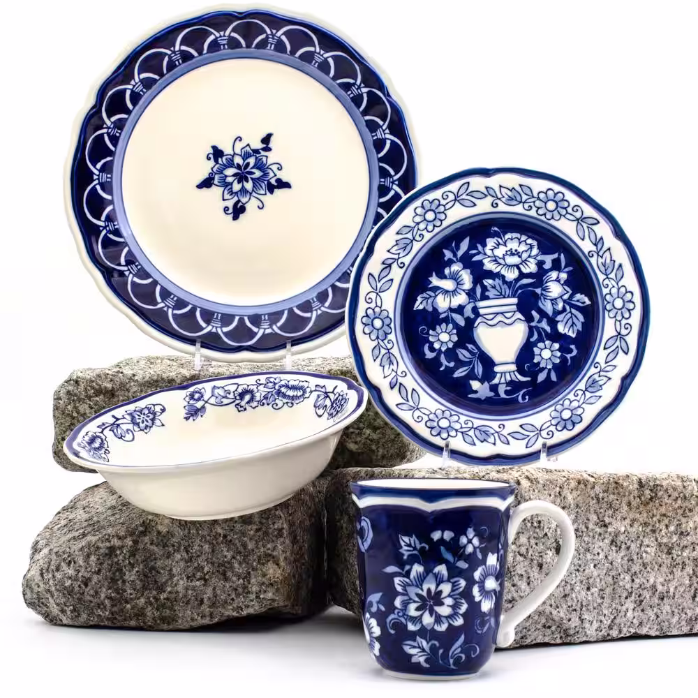 Euro Ceramica Blue Garden 16-Piece Asian Inspired Blue and White Stoneware Dinnerware Set (Service for 4)