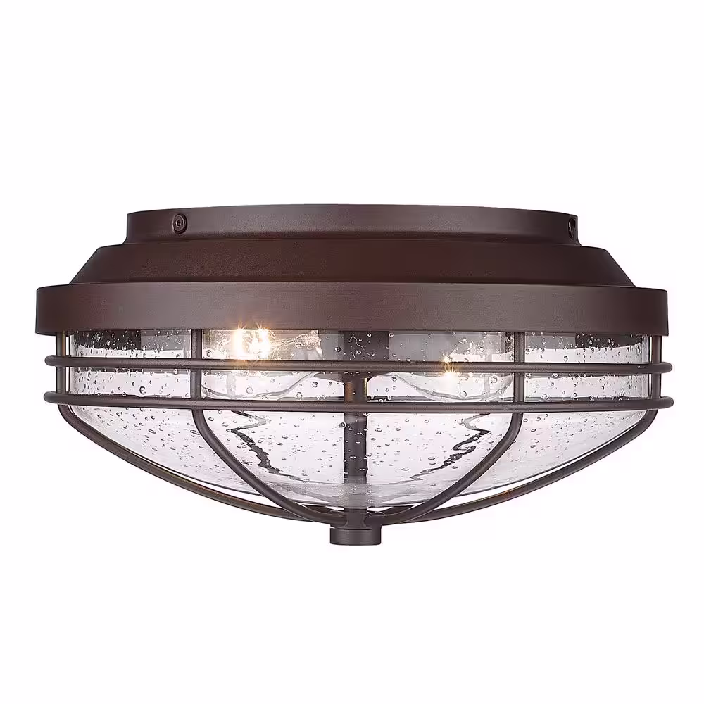 Golden Lighting Seaport 2-Light Textured Bronze Seeded Glass Outdoor Flushmount