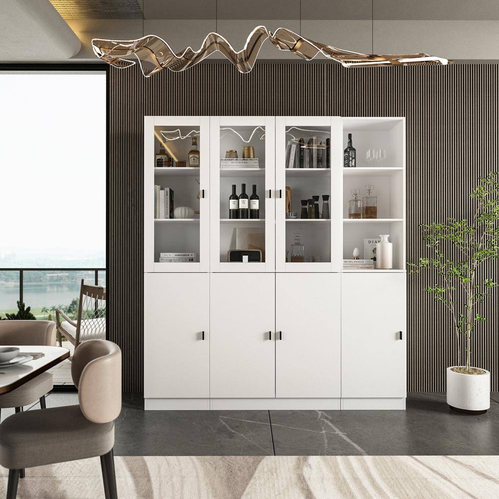 FUFU&GAGA 3-in-1 White Wood Buffet and Hutch Combination Cabinet with Glass Doors, Shelves (62.9 in. W x 12.2 in. D x 70.9 in. H)