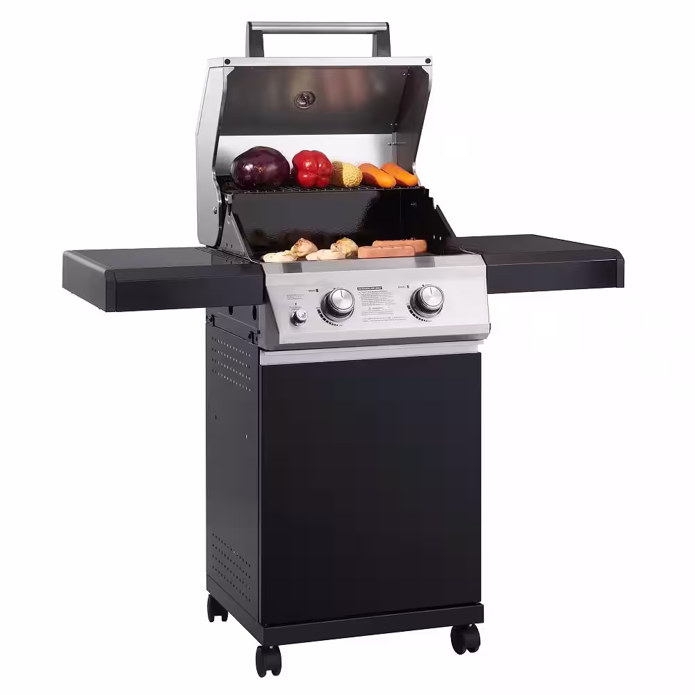 Monument Grills 2-Burner Propane Gas Grill in Stainless Steel and Black Porcelain Enamel with Folding Side Shelves and LED Controls