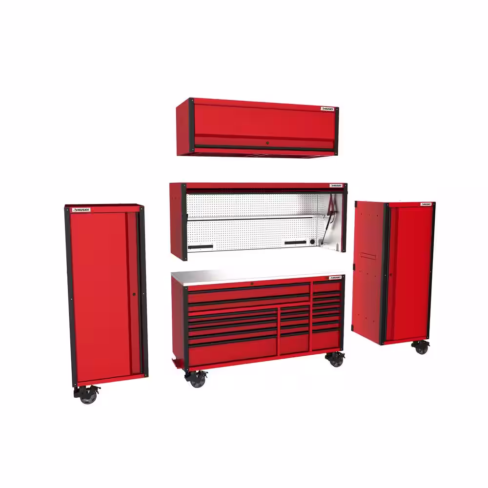 Husky 72 in. W x 24.5 in. D Professional Duty 20-Drawer Mobile Workbench Combo w/ 2 Side Lockers, Top Hutch, Top Locker - Red
