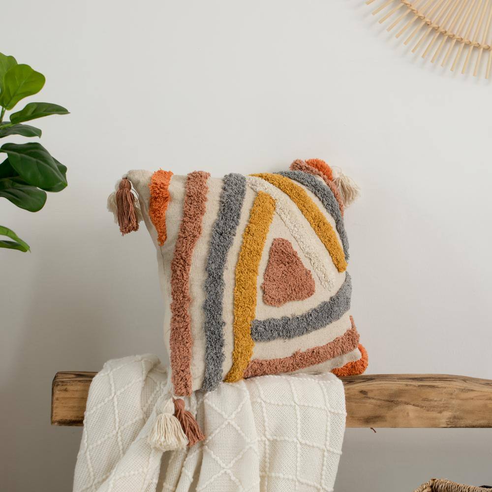 DEERLUX 16 in. x 16 in. Multicolor Handwoven Cotton Throw Pillow Cover with Tufted Line Pattern and Double Tassel Corners