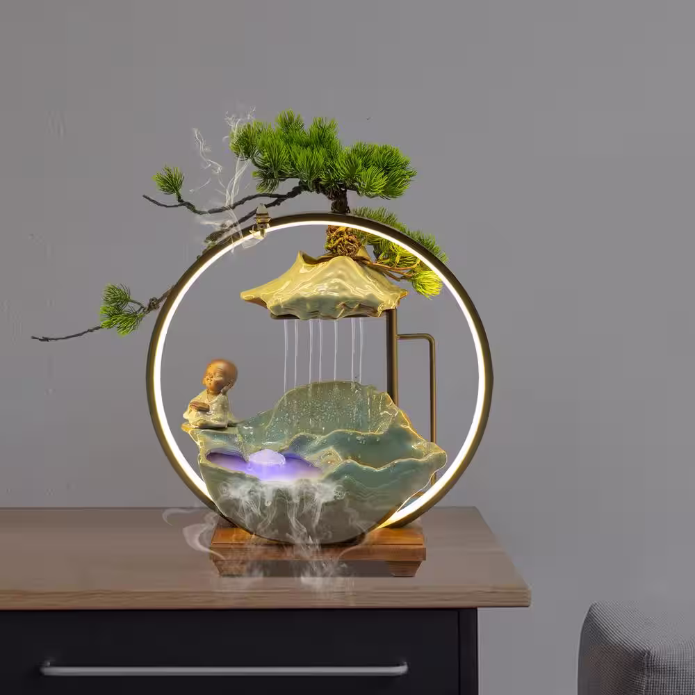 YIYIBYUS Tabletop Water Fountain Indoor Waterfall with LED Light Mist and Backflow Incense Holder