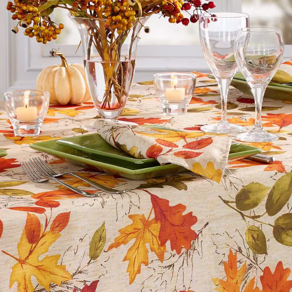 Elrene 60 in. W x 120 in. L Multi Color Polyester Autumn Leaves Fall Printed Tablecloth