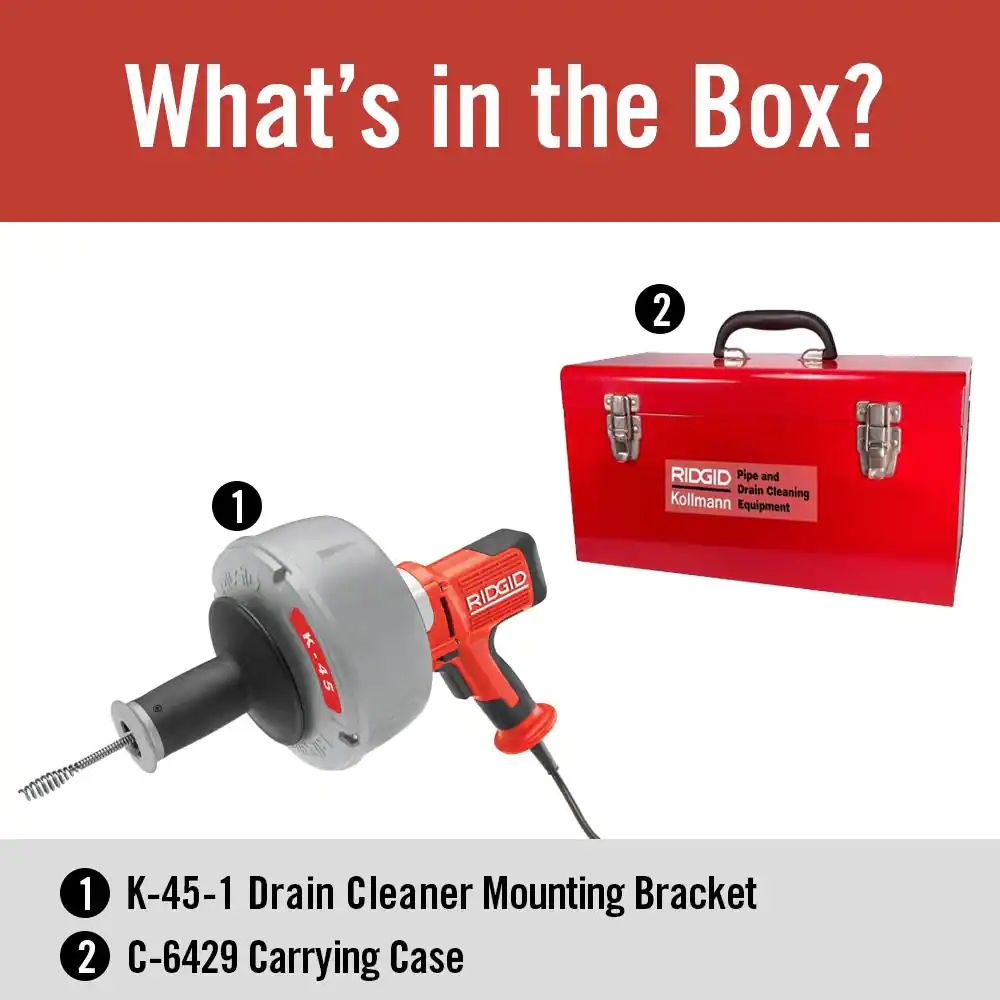 RIDGID K-45-1 Drain Cleaning Snake Auger Machine with C-1 5/16 in. x 25 ft. Inner Core Cable, Gloves + Carrying Case