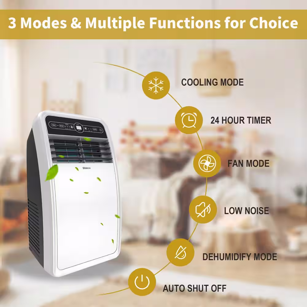 Shinco 8,000 BTU (4,000 BTU DOE) Portable Air Conditioner Cools 200 sq.ft. with Dehumidifier with Remote, in White, 2 Speeds