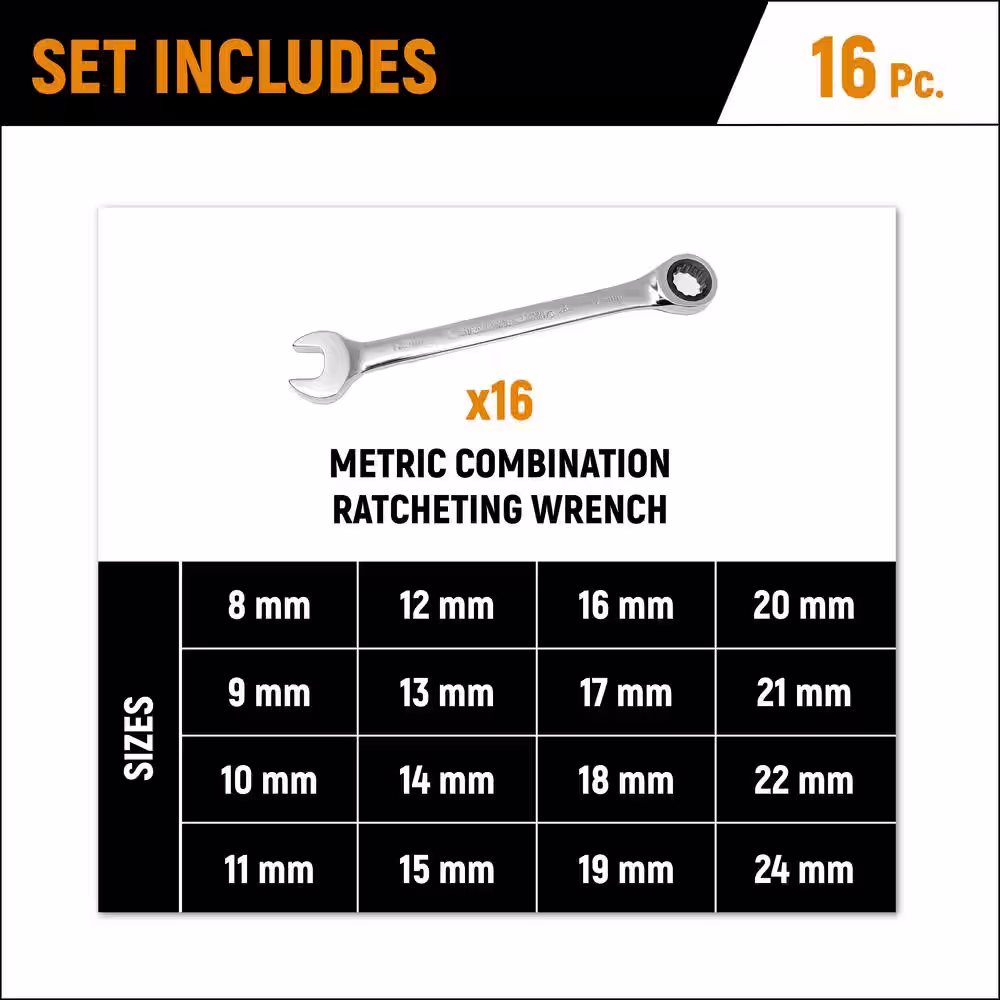 GEARWRENCH Metric 72-Tooth Combination Ratcheting Wrench Tool Set (16-Piece)