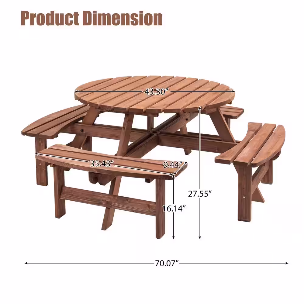 None 8-Person Wooden Picnic Table with 4 Built-in Benches and Umbrella Hole