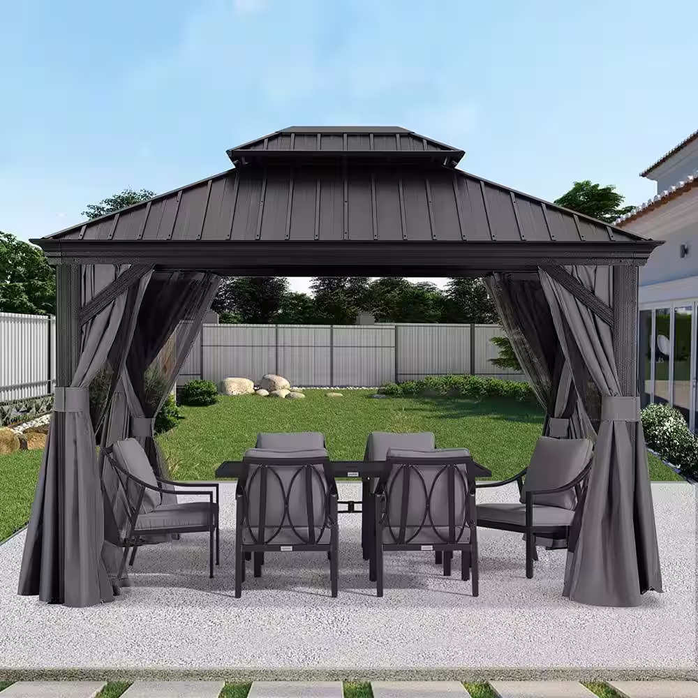 ABCCANOPY 10 ft. x 12 ft. Gray Hardtop Patio Gazebo Galvanized Steel Double Roof Aluminum Pavilion with Netting and Curtain