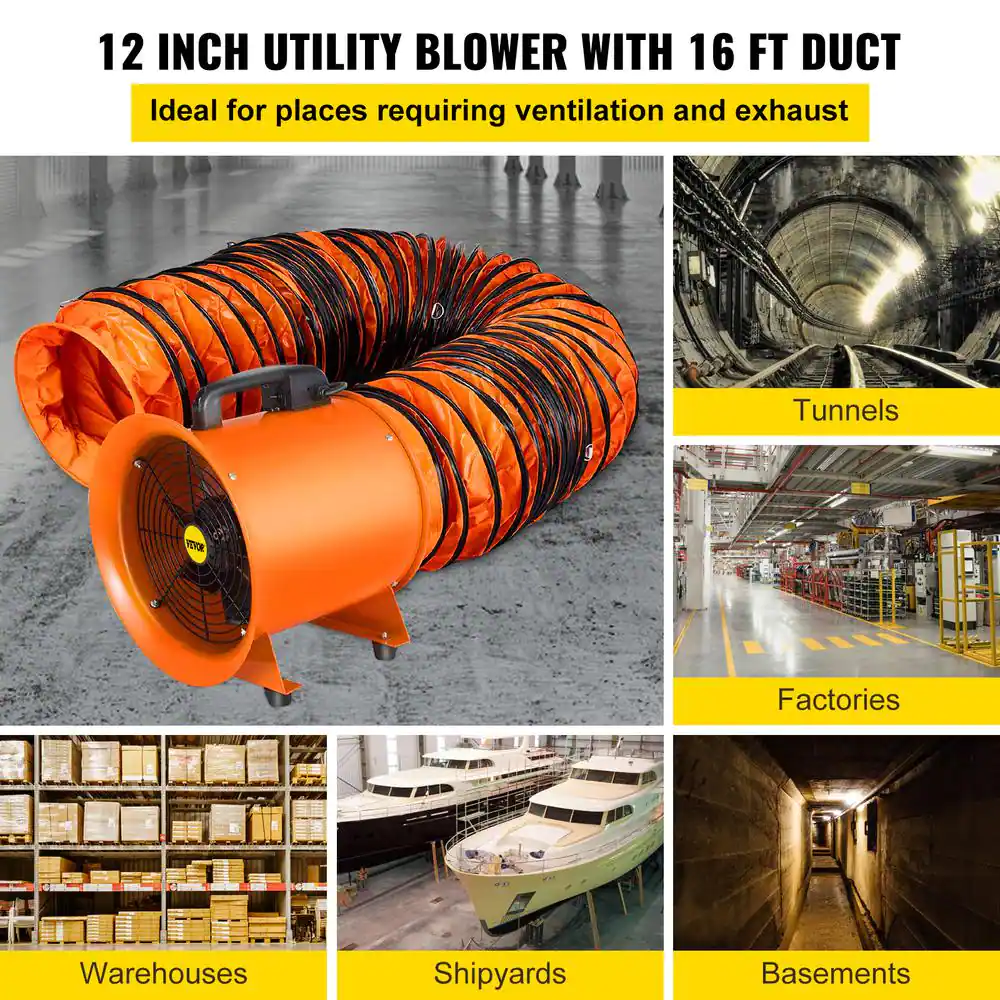 VEVOR Utility Blower Fan 12 in. 520 Watt 2295 CFM High Velocity Ventilator with 16 ft. Duct Hose for Fume Exhausting