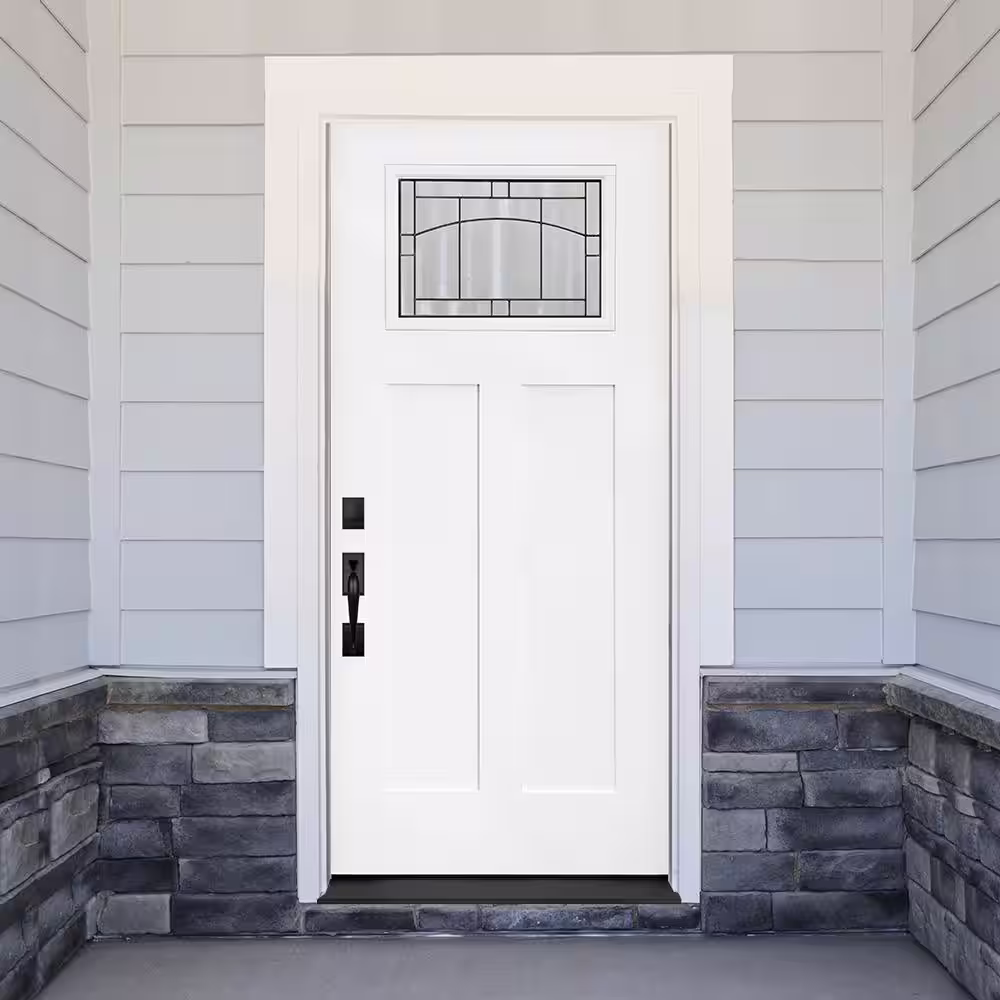 Steves & Sons Promo Legacy 36 in. x 80 in. Top Lite Right-Hand Inswing Deco Glass White Primed Fiberglass Prehung Front Door W/BM