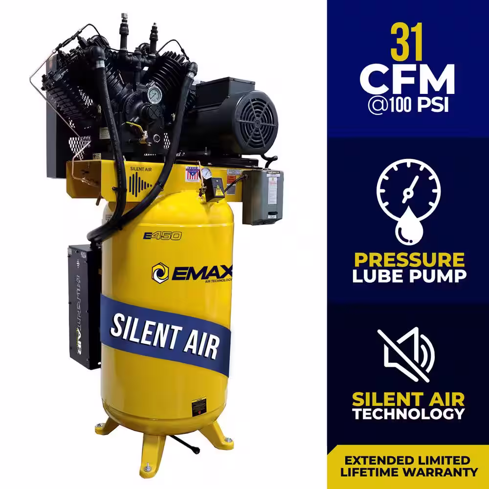 EMAX Industrial Plus 80 Gal. 7.5 HP 1-Phase 2-Stage Silent Air Electric Pressure Lube Air Compressor with 30 CFM Dryer Bundle