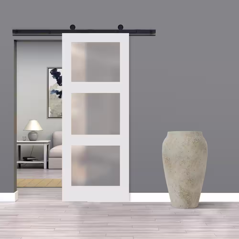 Stile Doors 36 in. x 80 in. 3 Lite Satin Etched Glass Primed MDF Interior Door Slab
