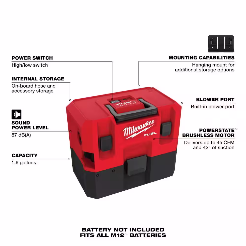 Milwaukee M12 FUEL 12-Volt Lithium-Ion Cordless 1.6 Gal. Wet/Dry Vacuum with M12 XC High Output 5.0 Ah Battery Pack