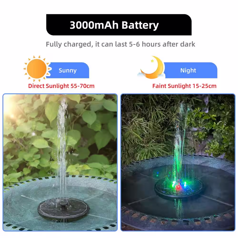 None Solar Powered Water Fountains with Color LED Lights 7 Nozzles and 4 Fixers