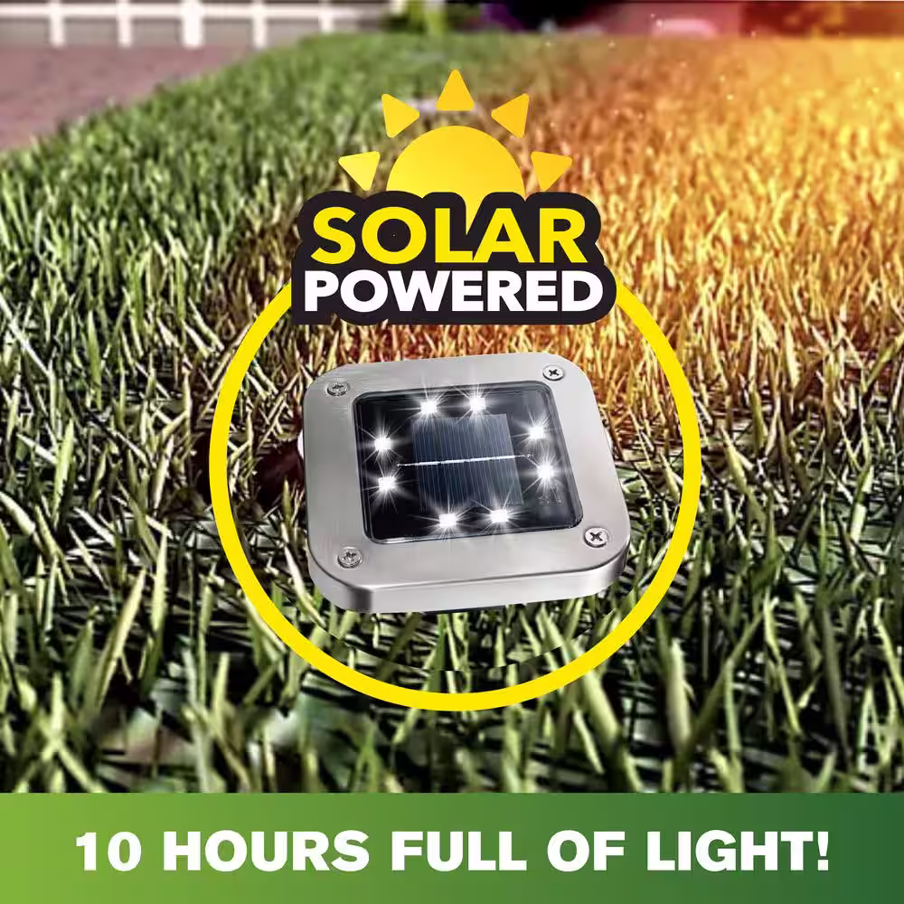 Bell + Howell Solar Powered Stainless Steel Outdoor Integrated LED Super Bright In-Ground Square Disk Path Lights (8-Pack)