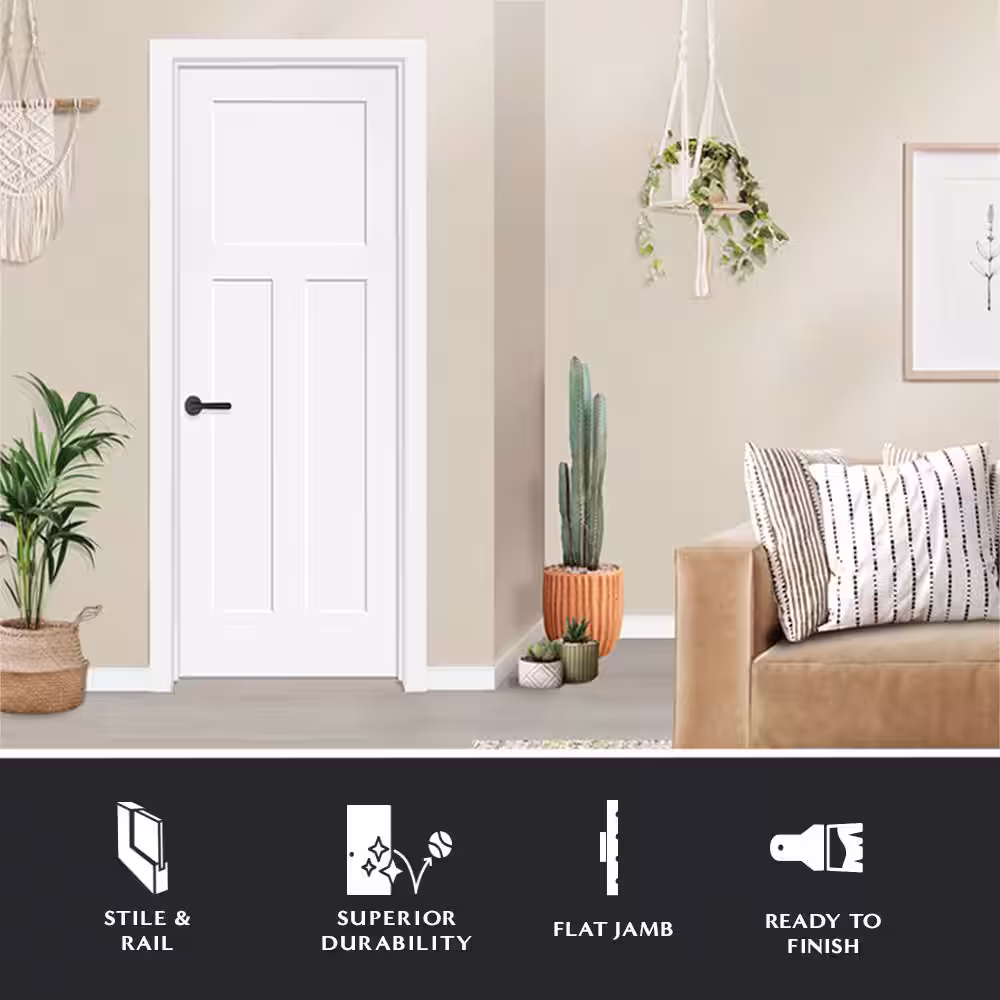 Steves & Sons 36 in. x 80 in. 3-Panel Mission Shaker Primed Right Hand Solid Core Wood Single Prehung Interior Door with Bronze Hinges