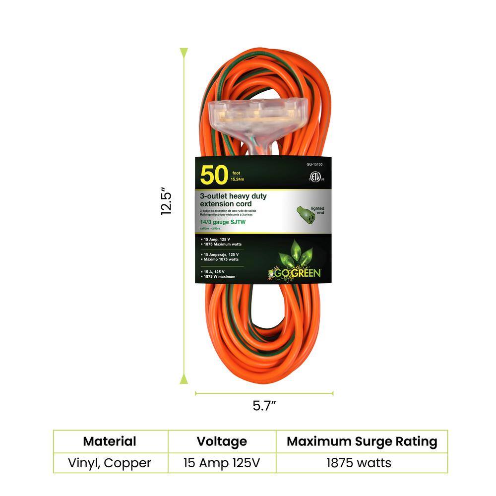 GoGreen Power 50 ft. 3-Outlet 14/3 Heavy Duty Extension Cord - Orange