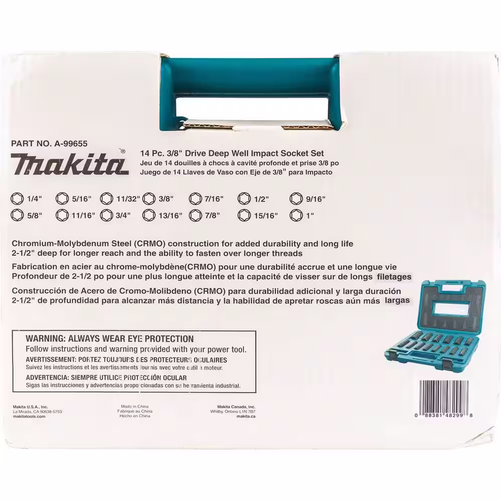 Makita 3/8 in. 6-Point Fractional Deep Impact Socket Set (14-Piece)