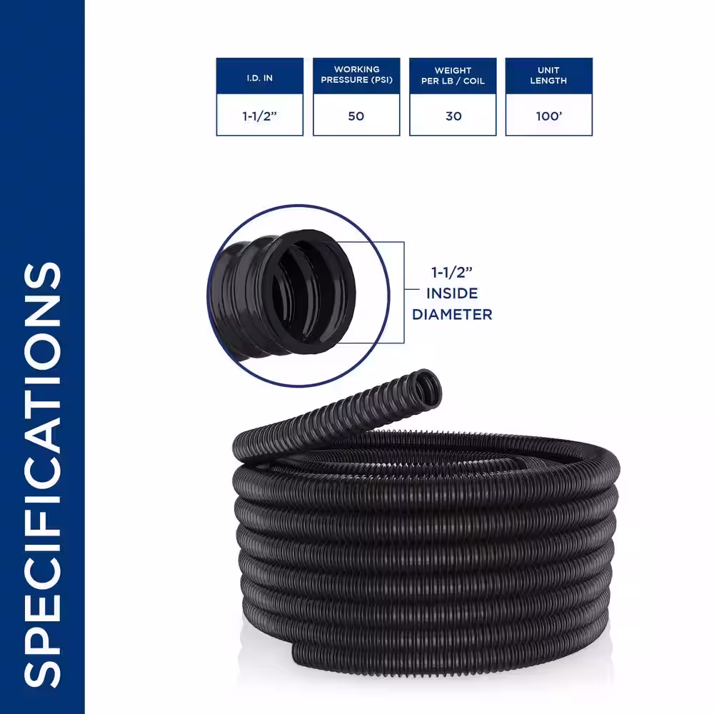 Alpine Corporation 1-1/2 in. I.D. x 100 ft. Multi-Use Pond Black Kink Free, Corrugated, Non-Kink Flexible PVC Tubing