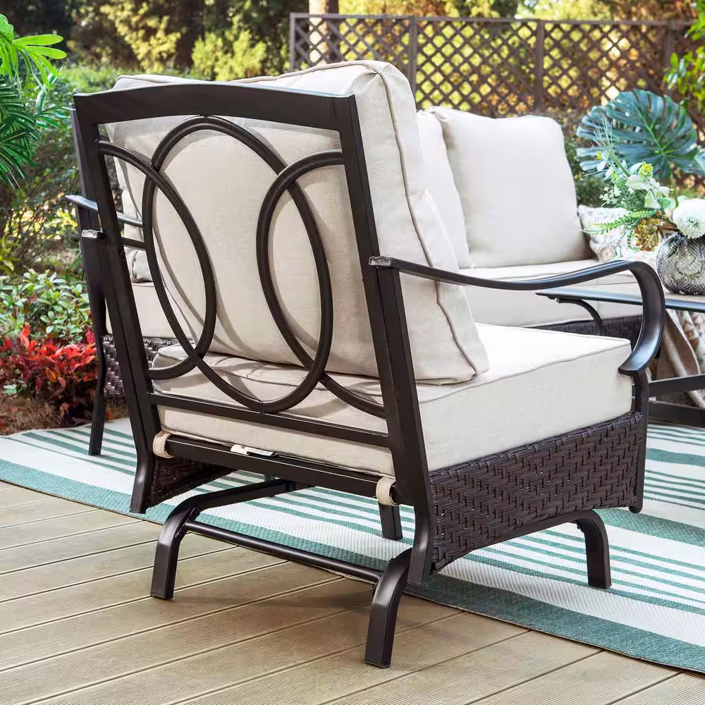 None Black Rattan 7 Seat 5-Piece Steel Outdoor Patio Conversation Set with Beige Cushions,Motion Sofas & Wood-Grain Table