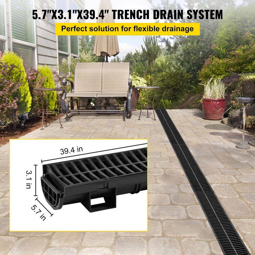 VEVOR Trench Drain System 39 in. L x 5.8 in. W x 3.1 in. D Drainage Trench with Plastic Grate and End Cap Channel Drain 4 Pack
