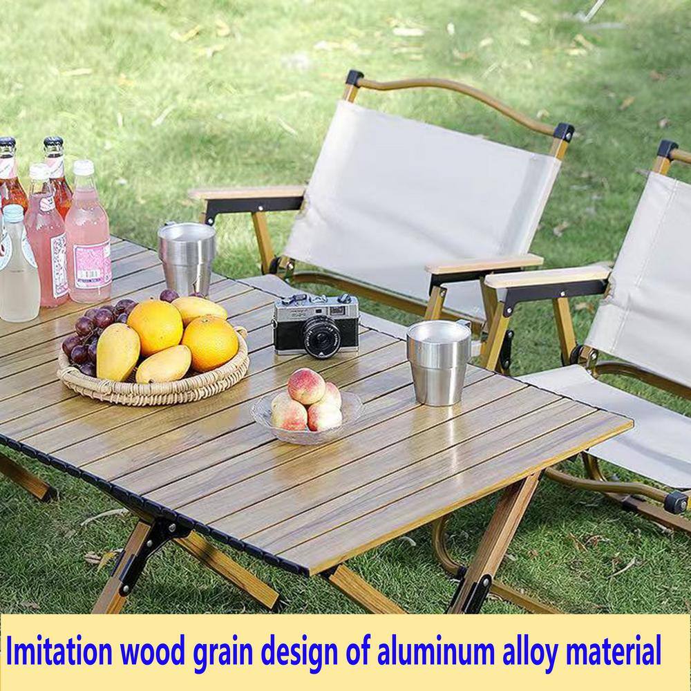 None Brown Rectangle Aluminum Outdoor Picnic Table With Folding Solid X-Shaped Frame And Handbag