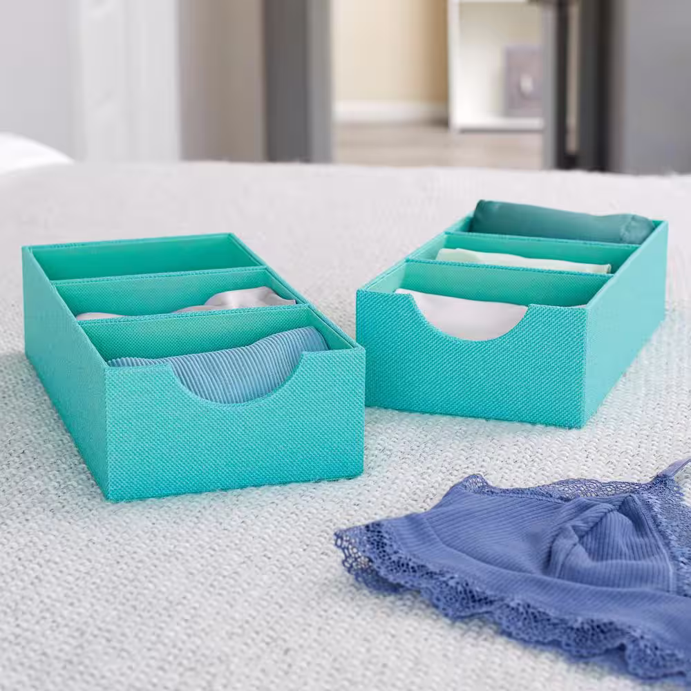HOUSEHOLD ESSENTIALS 6 in. W x 3 in. H 1 Drawer Seafoam 3-Section Hard-Sided Linen Trays (2-Pack)
