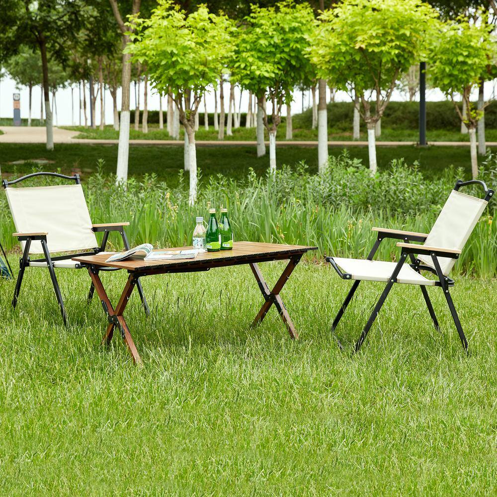 None Beige and Brown 3-Piece Aluminum Folding Outdoor Bistro Set, Lightweight Aluminum Roll-up Square Table and 2 Chairs