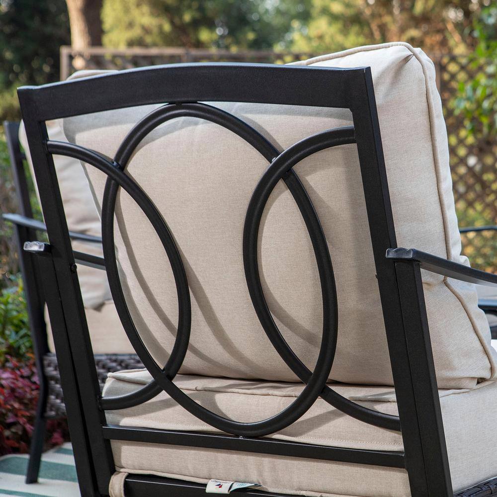 None Black Rattan 5 Seat 4-Piece Steel Outdoor Patio Conversation Set with Beige Cushions, Table with Wood-Grain Top