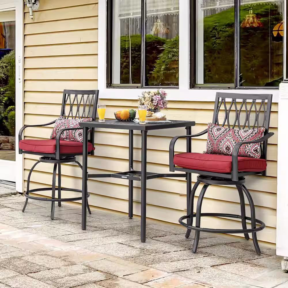 Nuu Garden Black 3-Piece Metal Square Table Bar Height Patio Outdoor Dining Set Bar Set with Red Cushions