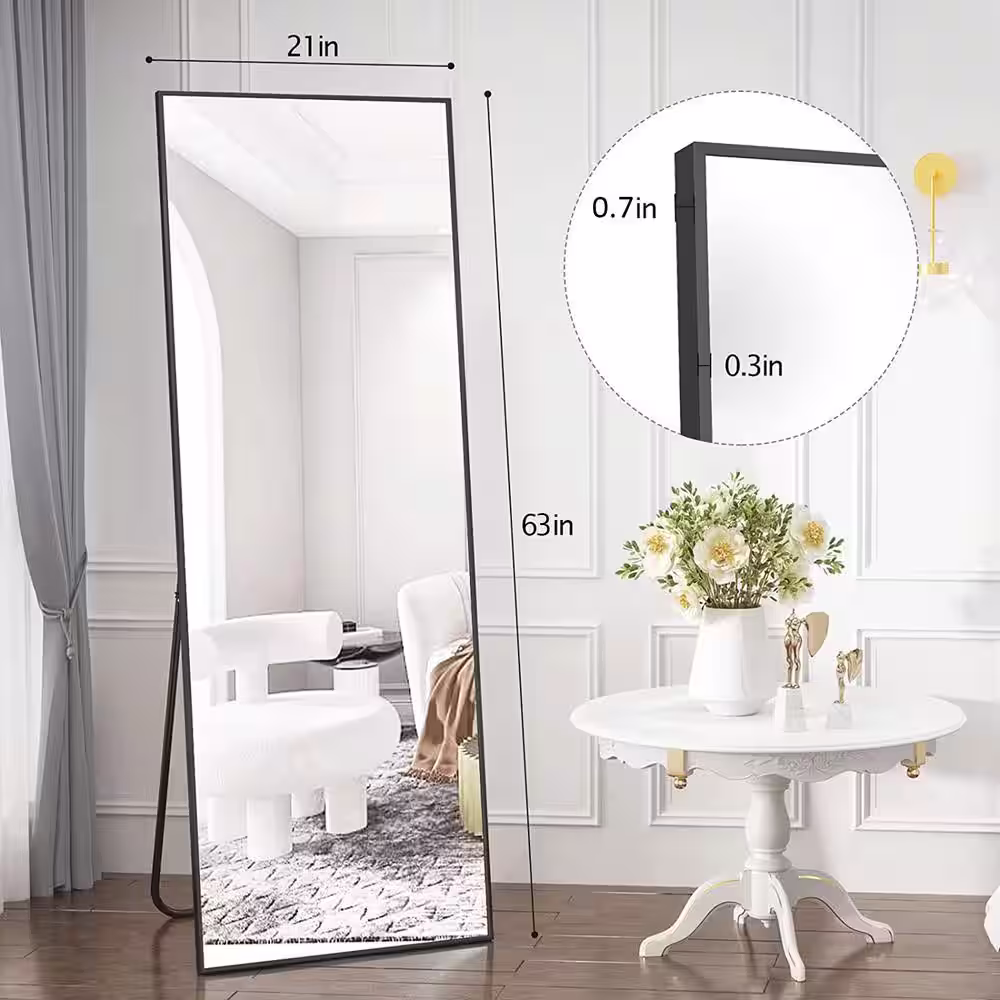 XRAMFY 21 in. W x 63 in. H Rectangular Black Aluminum Alloy Framed Full Length Mirror Standing Floor Mirror