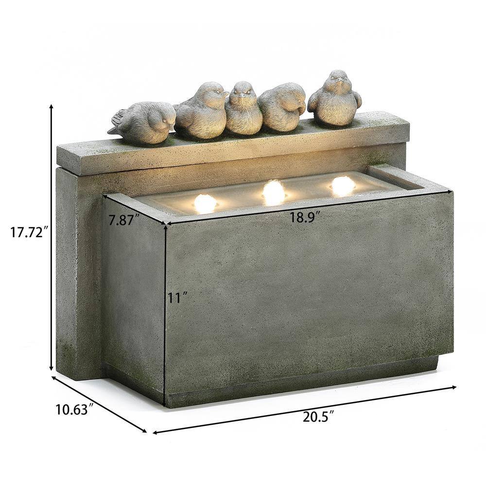 None Gray Rectangular and Birds Resin Outdoor Polyresin Cascade Fountain with LED Lights