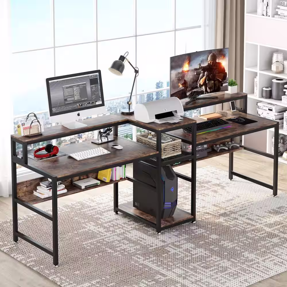 Tribesigns Cassey 94.5 in. Rectangular Brown Engineered Wood Computer Desk with Hutch Shelf for Two Person