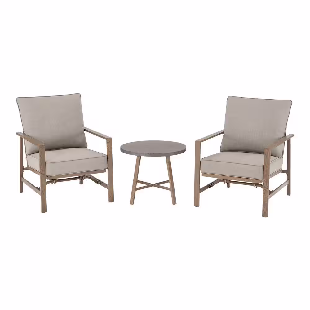 Hampton Bay River Haven 3-Piece Steel Outdoor Bistro Motion Chat Set with CushionGuard Riverbed Tan Cushions