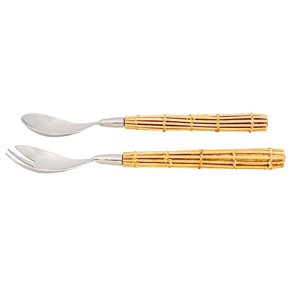 None 2-Piece Stainless Steel Salad Servers with Rattan Wrapped Handles