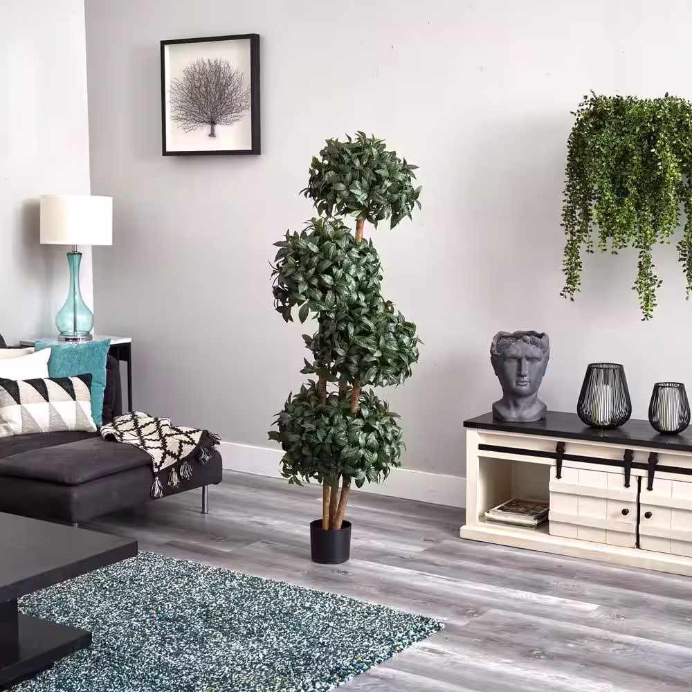 Nearly Natural 69 in. Artificial H Green Sweet Bay Topiary with 4 Balls Silk Tree