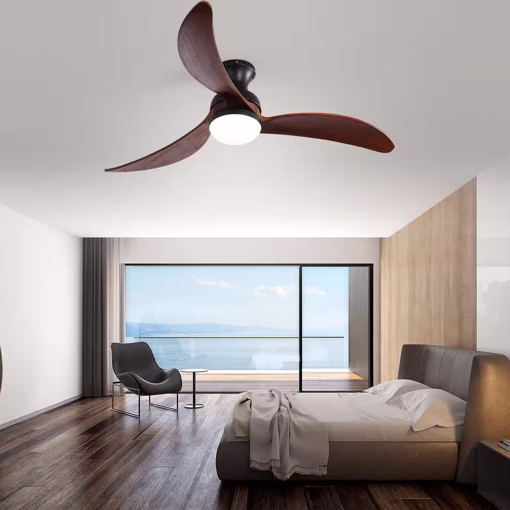 Sofucor 52 in. Integrated LED Indoor/Outdoor Matte Black Ceiling Fan 3 Wood Fan Blades with 6-Speed Remote