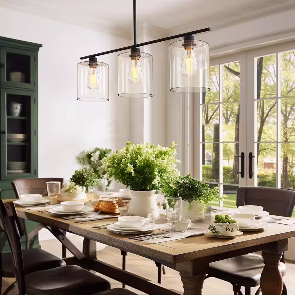 YANSUN 3-Light Black Simple Linear Hanging Light, Kitchen Island Pendant with Clear Glass Shades