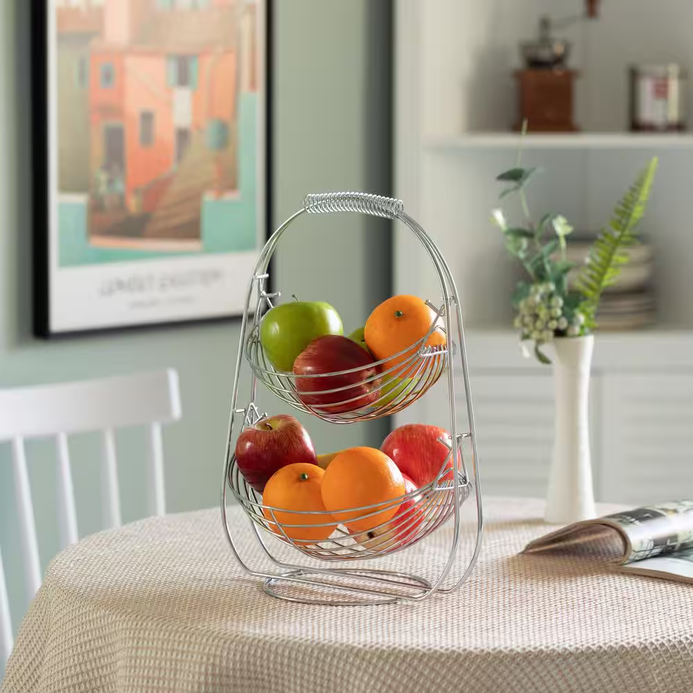 Basicwise 2 Tier Fruit Swing Basket for Kitchen, Detachable Countertop Vegetables Storage Organizer with Display Hammock Stand