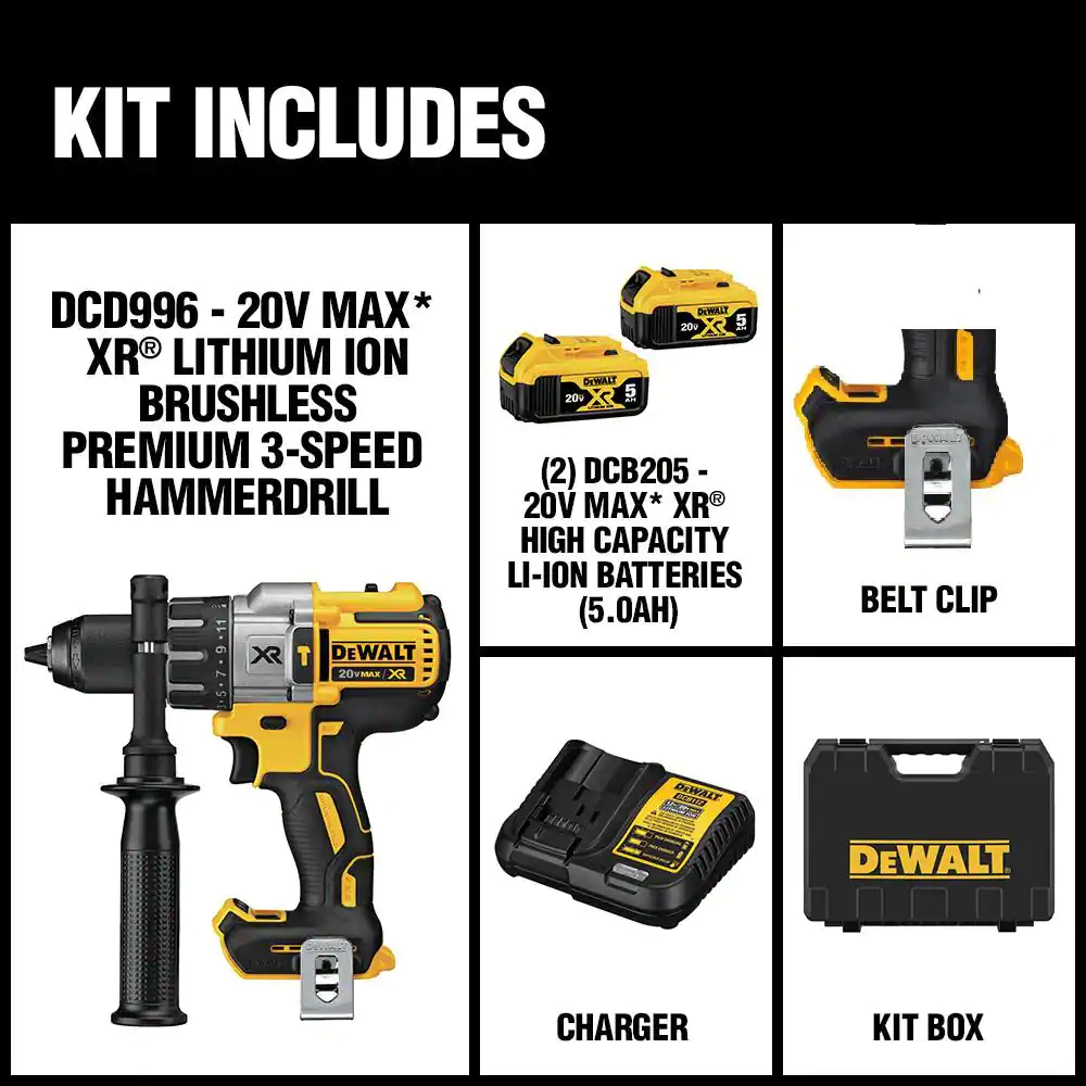 DEWALT 20V MAX XR Cordless Brushless 3-Speed 1/2 in. Hammer Drill with (2) 20V 5.0Ah Batteries and Charger