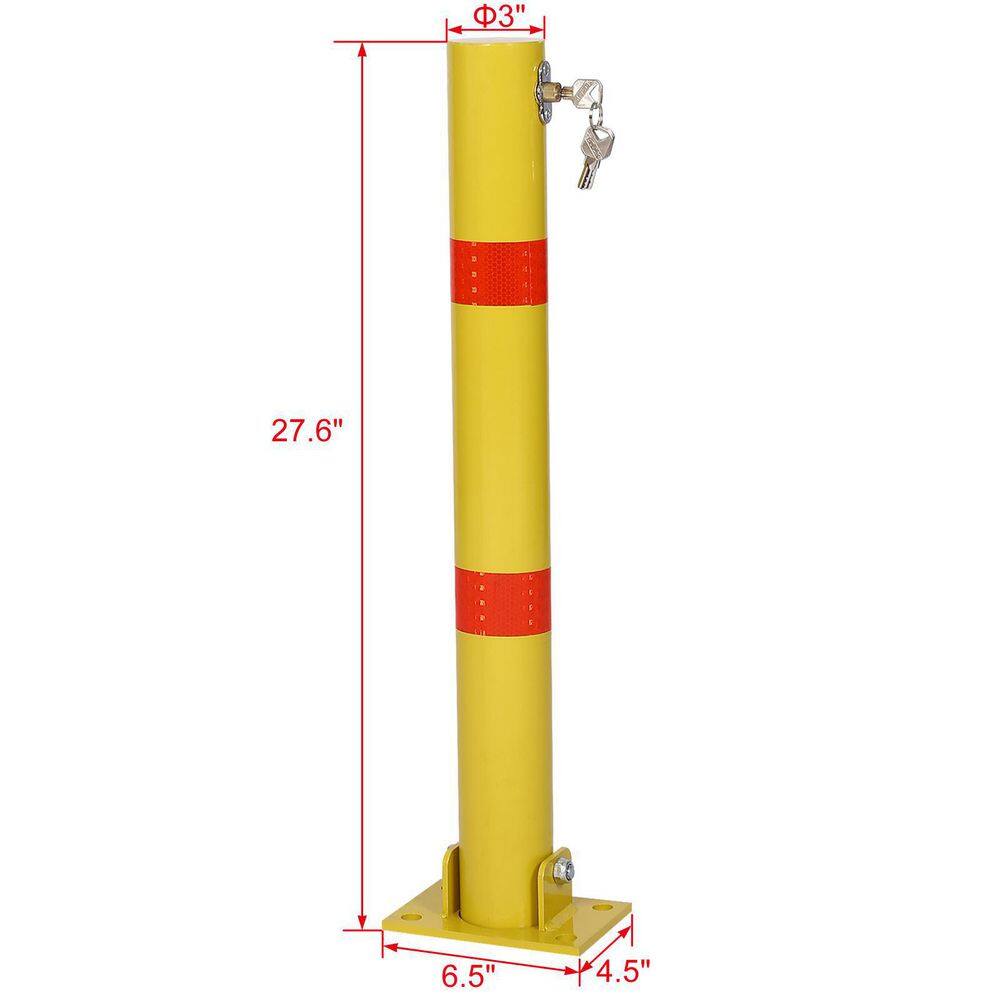None 27.6 in. H Yellow Round Steel Parking Bollard, Pole Barrier with Lock, Home Garage Street Decor, Parking Barrier