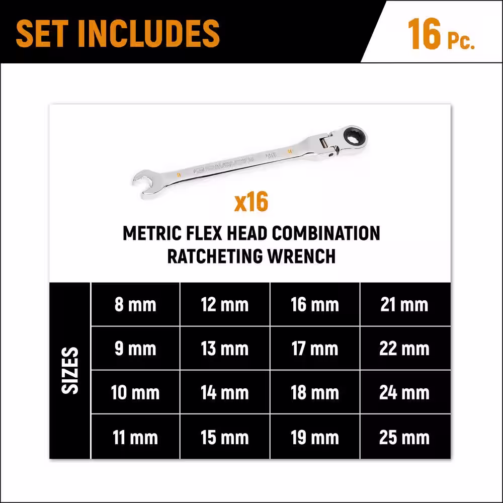 GEARWRENCH Metric 90-Tooth Flex Head Combination Ratcheting Wrench Tool Set (16-Piece)