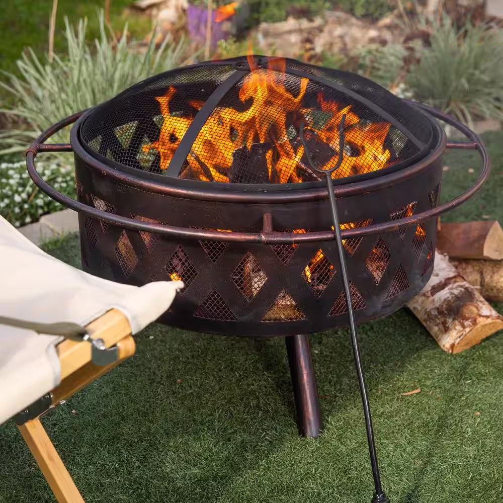 Barton Outdoor Fire Pit Wood-Burning Fire Pit Spark Screen for Bonfires Includes Poker