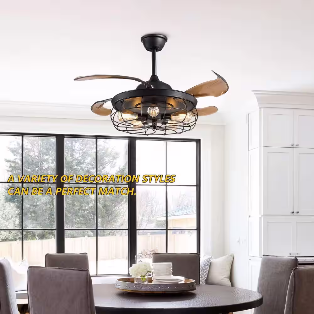 None 42 in. Industrial Indoor Black Caged Ceiling Fan with Light and Remote, Farmhouse 5-Light Retractable Ceiling Fan