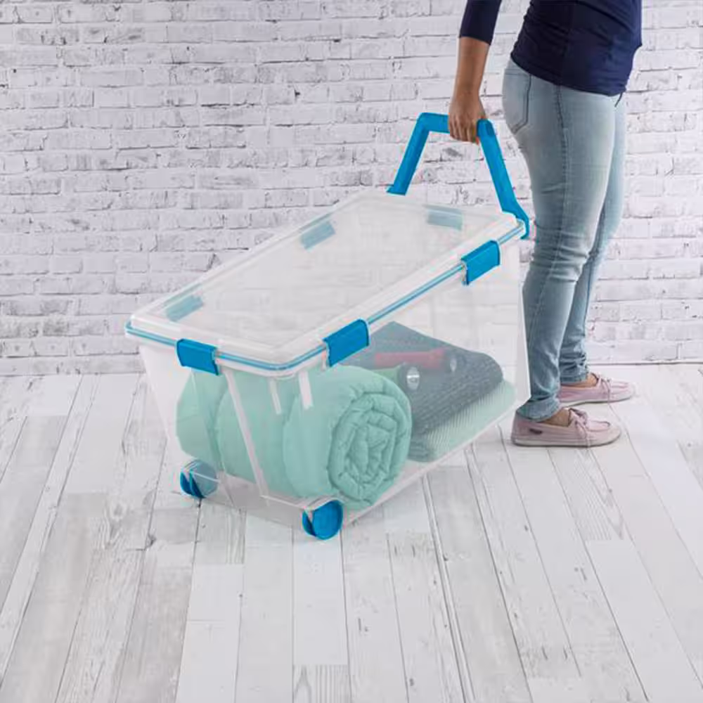 Sterilite 120 Qt. Plastic Storage Tote with Blue Aquarium Gasket Latch Lid in Clear (3-Pack)