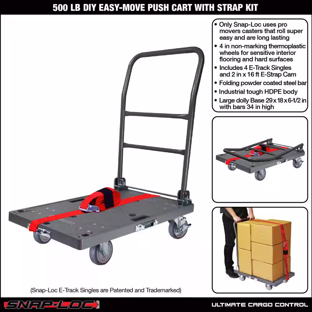 SNAP-LOC 500 lbs. Capacity DIY Easy-Move Folding Push Cart with Strap Kit and 4 in. Thermoplastic Swivel Non-Marking Casters