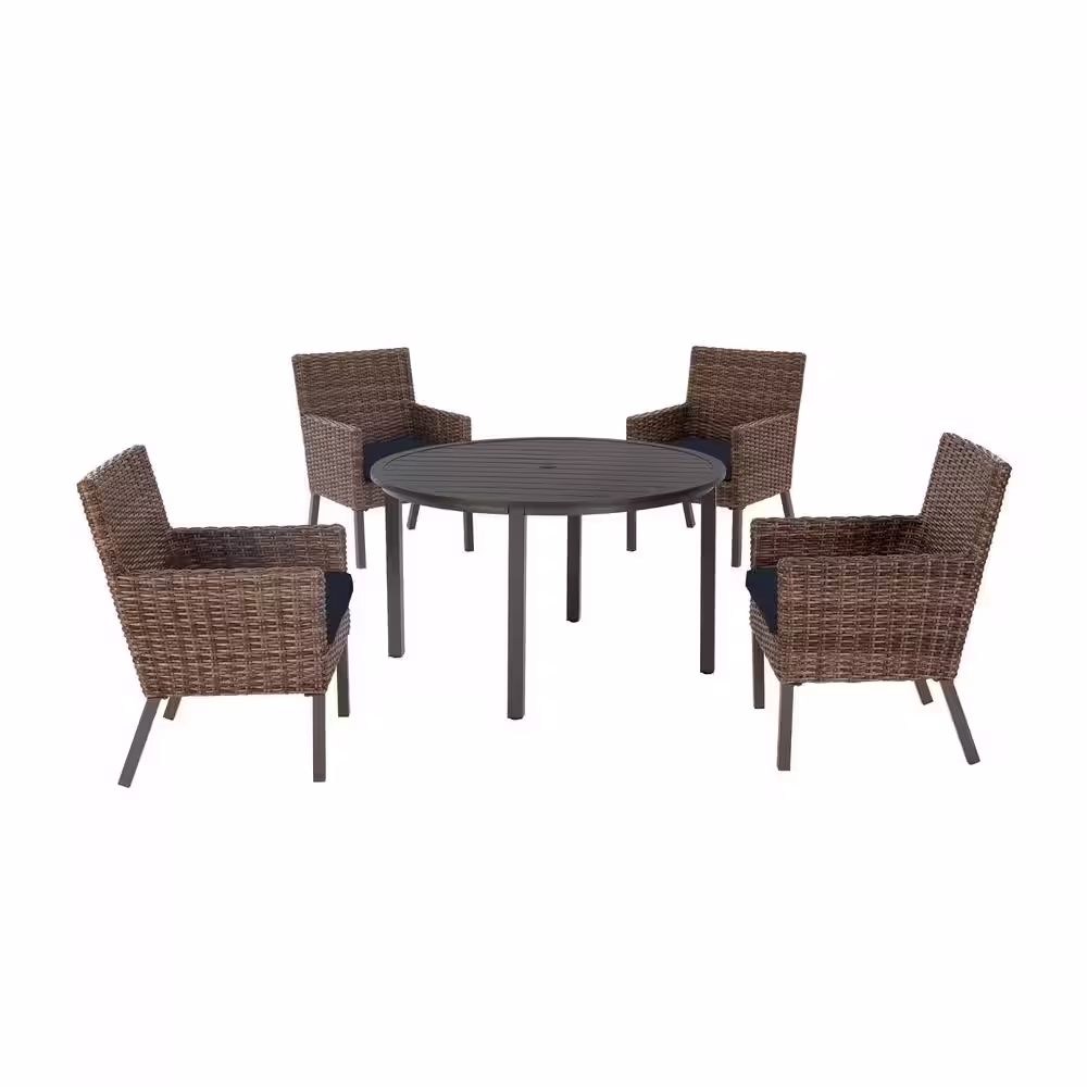 Hampton Bay Fernlake 5-Piece Brown Wicker Outdoor Dining Set with CushionGuard Midnight Cushions