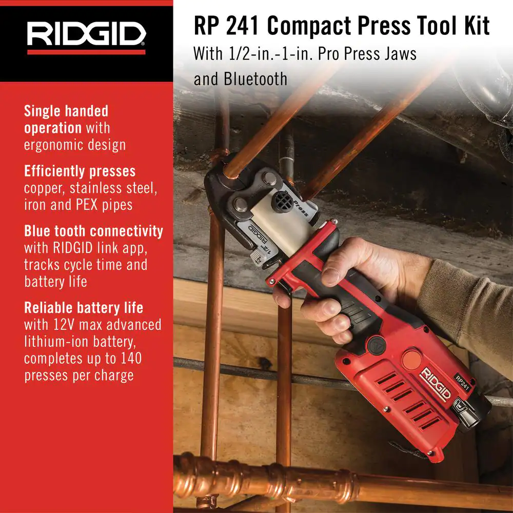 RIDGID RP 241 Compact Inline Press Tool Kit Includes 3 ProPress Jaws (1/2 in., 3/4 in., 1 in.), 2-12V Batteries, Charger + Case