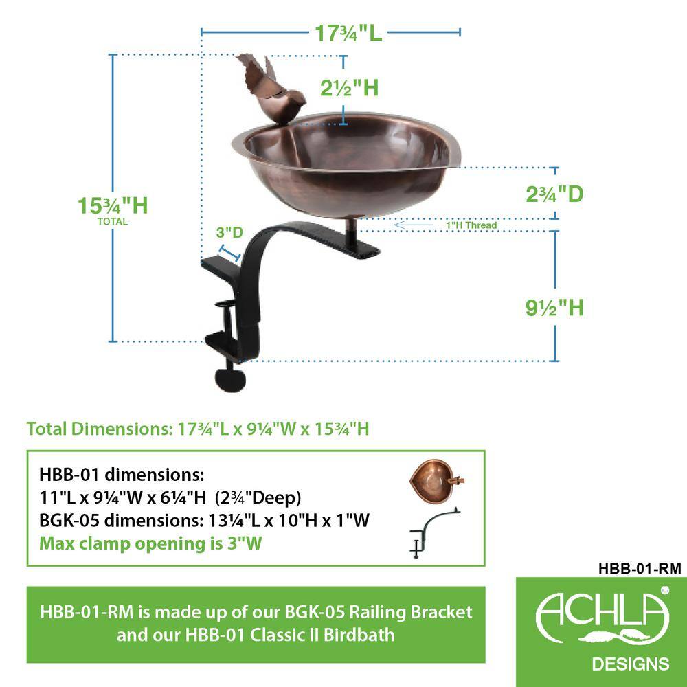 Achla Designs 9 in. Dia Antique Copper Heart Shaped Birdbath Bowl with Rail Mount Bracket